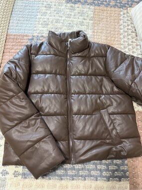 Time and Tru Brown Quilted Faux-Leather Puffer Jacket